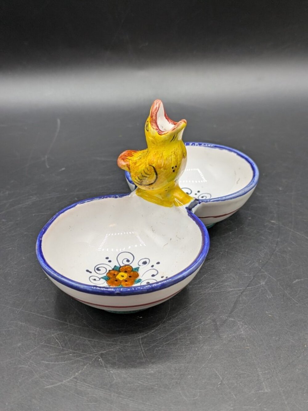 Vtg Italian Hand Painted Majolica Olive Server Fima Deruta Italy Pie Bird 5.5"